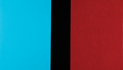 Abstract painting with a vertical black stripe dividing a large blue section on the left and a large red section on the right, with white bands at the top and bottom edges. [gen-ai]