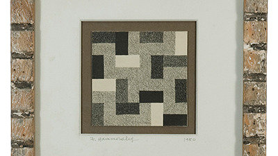 Framed abstract artwork featuring a geometric pattern of interlocking rectangles and squares in shades of black, white, and gray. [gen-ai]