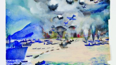 Painting depicts an aerial attack on a coastal military landing, with planes in the sky, ships approaching shore, and explosions on the beach. [gen-ai]