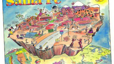 Colorful illustrated map of Santa Fe, New Mexico, featuring cartoon landmarks, buildings, people, and southwestern landscape elements with playful details and a bright sun in the corner. [gen-ai]