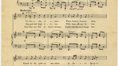 Sheet music titled O, Fair New Mexico by Elizabeth Garrett, featuring musical notes, lyrics, and notation for voice and piano. [gen-ai]