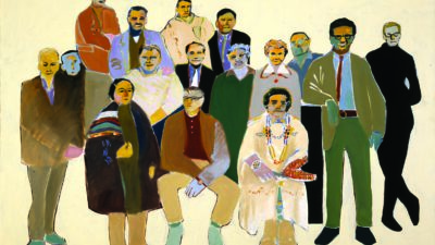 A group of fourteen men and one woman, some standing and some seated, pose together against a plain background in a stylized, colorful illustration. [gen-ai]