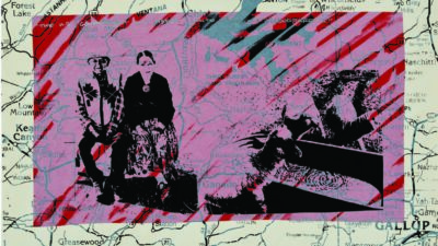 A vintage photo of two people and a cow is overlaid on a southwestern U.S. map with red stripes and graphic shapes. [gen-ai]