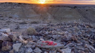 Sunrise on the Acropolis. Broken pieces of Kira Enriquez’s ceramic vessel remain after the author’s funerary ceremony in honor of Scott Tsoodle.