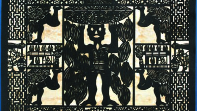 Intricate black paper cutout features symmetrical patterns, human figures, elephants, and geometric designs against a light background. [gen-ai]