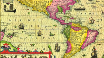 A colorful antique map of the Americas, featuring illustrations of ships, sea creatures, and figures, with labeled regions and oceans in Latin. [gen-ai]