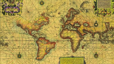 A vintage world map with decorative cartouches, compass roses, and rhumb lines, showing continents and major geographic features in an old-fashioned style. [gen-ai]