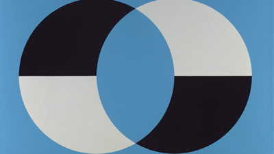 A geometric abstract image featuring two overlapping black and white circles on a blue background, forming intersecting shapes. [gen-ai]