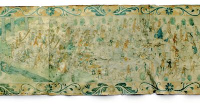 Faded, elongated mural with light blue and beige tones, depicting numerous figures and trees, bordered by a decorative floral pattern. [gen-ai]