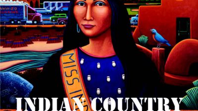 A stylized painting of a Native American woman wearing a crown and Miss Indian sash, with a Southwest landscape and buildings in the background. Text reads Indian Country: The Art of David Bradley. [gen-ai]