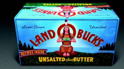A rectangular box labeled Land Bucks Unsalted Sweet Butter with an illustration of a woman kneeling and holding a package of butter; text indicates Recipes Inside. [gen-ai]