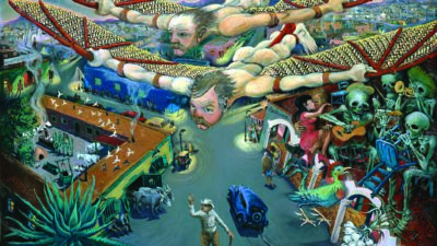 Surreal scene with two winged men flying over a vibrant, chaotic town filled with skeletons, animals, and people amid vivid colors and unusual details. [gen-ai]