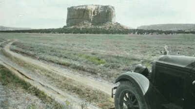 Automobile on road to Enchanted Mesa near Acoma Pueblo, New Mexico, 1926. Photograph by Frank Shoemaker. Courtesy Palace of the Governors Photo Archives (NMHM/DCA), neg. no. LS.2094.