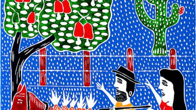 Colorful folk art depicting a man, woman, and donkey with baskets, under a fruit tree and cactus, with birds in the sky; text reads “Alegria de Sertanejo Ivan Borges.”. [gen-ai]