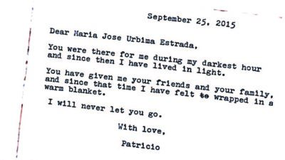 Typed letter dated September 25, 2015, from Patricio to Maria Jose Urbina Estrada, expressing gratitude for support and friendship during a difficult time. [gen-ai]