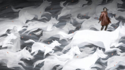 illustration of an individuals placed within cloudlike drawings of wolves