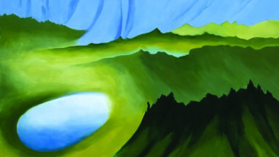 A stylized landscape painting featuring blue mountains, rolling green hills, and a reflective blue lake in the foreground. [gen-ai]