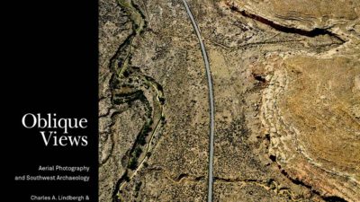 Aerial view of a winding road cutting through arid, rocky desert terrain; book title and author details on the left against a black background. [gen-ai]