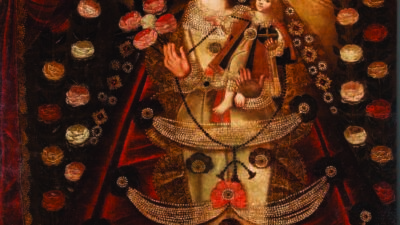A crowned woman holding a child, surrounded by roses and pearls, stands on a crescent moon in an ornate, religious-themed painting. [gen-ai]