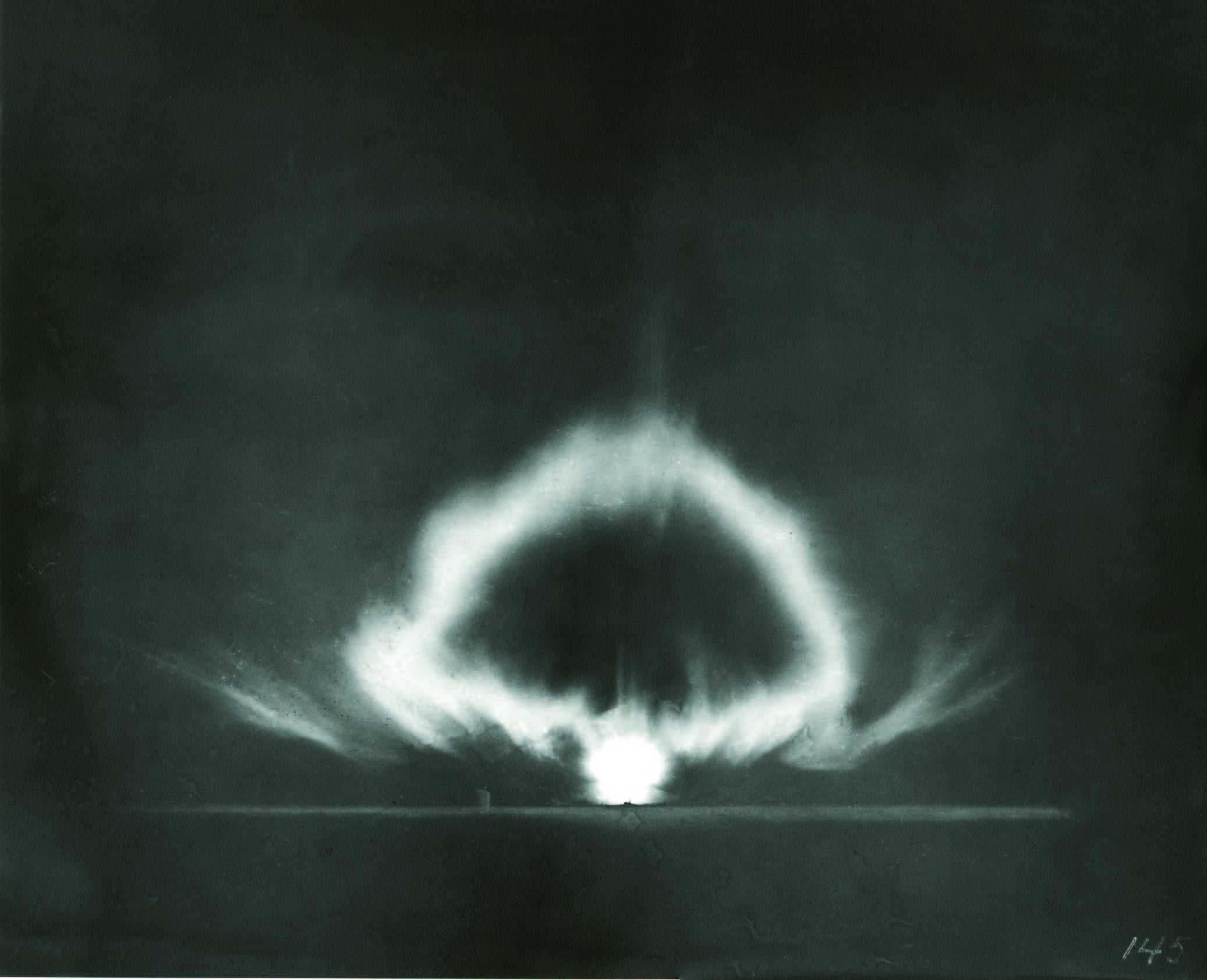 Black and white image of an early-stage nuclear explosion, showing a bright central blast and a developing mushroom-shaped cloud against a dark background. [gen-ai]