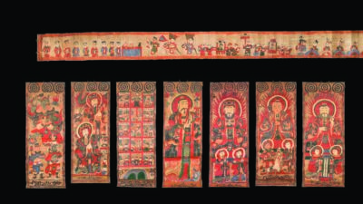 A series of seven vertical and one horizontal painted scrolls depicting various figures and scenes in vibrant red, yellow, and green, arranged against a black background. [gen-ai]