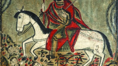 A bearded man in a red robe rides a white horse over fallen figures, holding a staff with a flag, in a stylized, historic painting. [gen-ai]