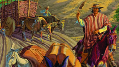 A man on horseback leads pack animals carrying goods up a hill, with a wagon and people near a round stone tower in the background under a clear sky. [gen-ai]