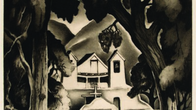 A black-and-white illustration of a house with a tower, framed by large, dark trees in the foreground. Mountains are visible in the background. [gen-ai]