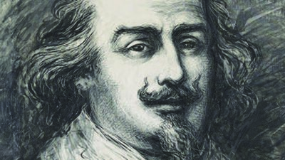 Black and white sketch of a man with a receding hairline, mustache, and goatee, wearing a collared shirt with a decorative tie or cravat. [gen-ai]