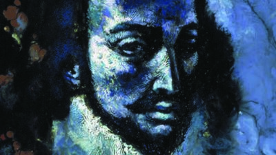A stylized, blue-toned portrait of a man with a mustache, beard, and ruffled collar, painted with abstract and textured elements. [gen-ai]