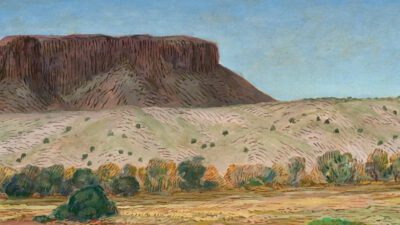 A flat-topped hill rises above a gently sloping landscape with scattered trees under a clear blue sky. [gen-ai]
