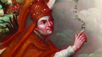 A person in ornate red papal robes and hat writes on a scroll, holding an open book with Latin text; religious imagery appears above. [gen-ai]