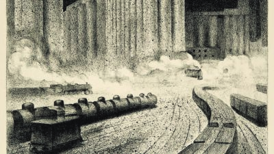 Black and white illustration of a cityscape with tall buildings, smoke rising, and curving train tracks in the foreground. [gen-ai]