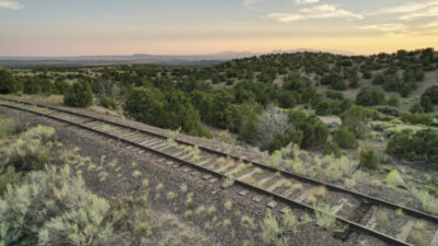 Old, unused railroad tracks run through a grassy, shrub-filled landscape with hills and trees under a partly cloudy sky at sunset. [gen-ai]