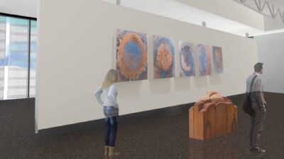 Three people view abstract art pieces displayed on the walls and a sculptural installation in a modern, well-lit gallery space. [gen-ai]