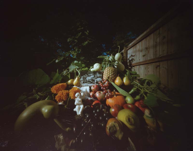 A variety of fruits, vegetables, flowers, and small figurines arranged outdoors on a table next to a wooden fence with greenery in the background. [gen-ai]