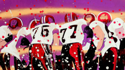 A group of football players in red and white uniforms huddle together against a purple background with orange swirls and white and red paint splatters. [gen-ai]