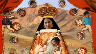 A digitally collaged image of a crowned woman in ornate robes, surrounded by floating baby faces and cherubs, set against a mountainous landscape and red drapery. [gen-ai]