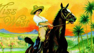 Illustration of a woman in a hat riding a dark horse in a western landscape with Miss West text in the background. [gen-ai]