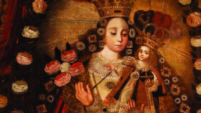 A crowned woman holding a crowned child, both adorned in ornate clothing and surrounded by roses, depicted in a religious painting. [gen-ai]