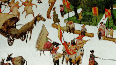 A lively outdoor scene with people in traditional clothing, horses, carriages, musicians, dancers, and children gathered around trees and banners. [gen-ai]