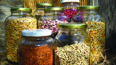 Seven glass jars filled with various dried seeds and beans are arranged outdoors on hay, with a woven basket in the background. [gen-ai]