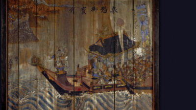 A painted wooden panel depicts a traditional boat carrying figures in Japanese attire across stylized waves, with mountains and Japanese script in the background. [gen-ai]