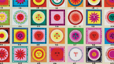 A grid of colorful, square labels featuring various stylized sun faces and geometric sun designs, each labeled “RESTAURANT SOL” and numbered sequentially. [gen-ai]