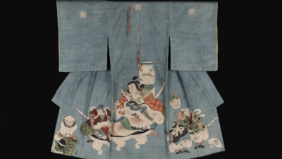 Light blue Japanese kimono with painted figures, including women, children, and animals, in colorful traditional clothing, depicted on the lower half of the garment. [gen-ai]