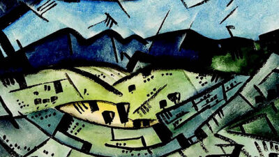 Cubist-style painting of a hilly landscape with abstract houses, green and blue tones, and angular lines suggesting fields and mountains under a blue sky. [gen-ai]