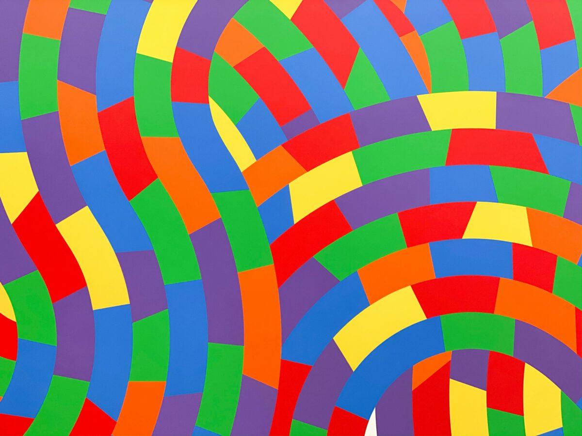 Abstract artwork featuring curved bands of red, blue, green, yellow, orange, and purple shapes arranged in an interlocking, wavy pattern. [gen-ai]