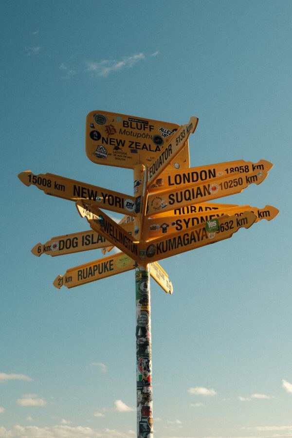 Yellow signpost with multiple arrows pointing in different directions, showing distances to various cities and locations, against a clear blue sky. [gen-ai]