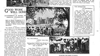 Front page of a 1913 issue of El Palacio newspaper featuring articles on archaeological work, black-and-white photos, and headlines about Quarai ruins and New Mexico expeditions.