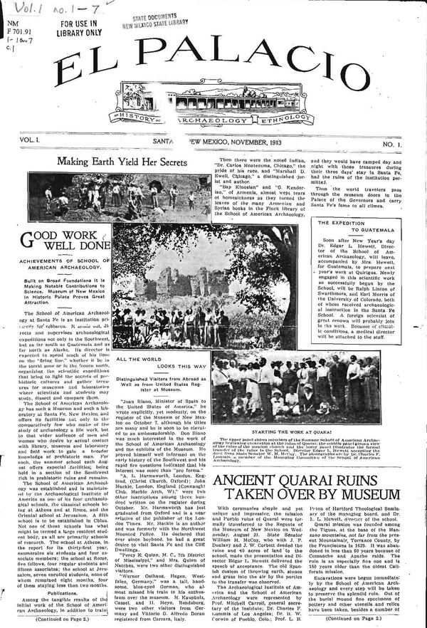 Front page of a 1913 issue of El Palacio newspaper featuring articles on archaeological work, black-and-white photos, and headlines about Quarai ruins and New Mexico expeditions.